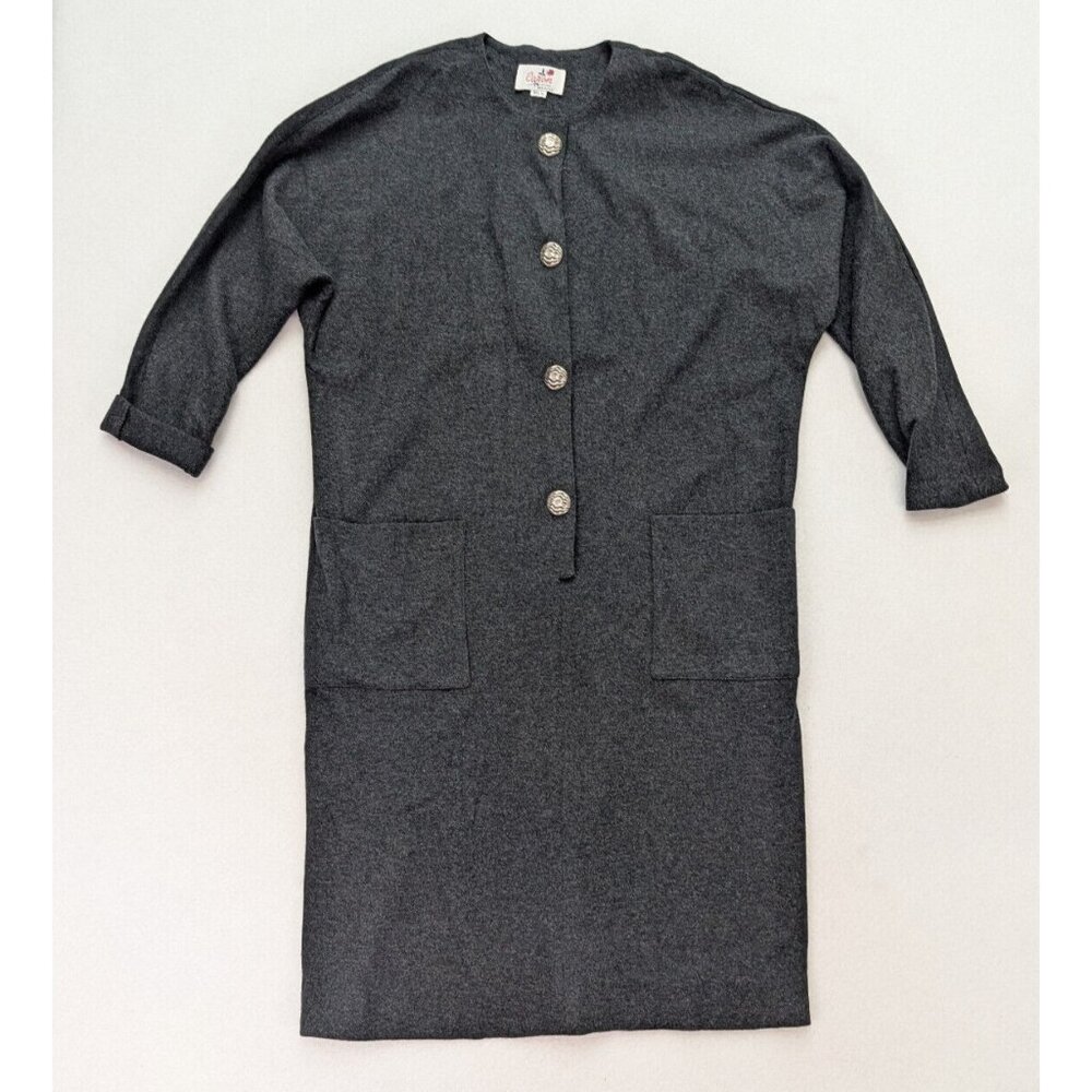 Vintage Women's Dress Caron Size 14 Gray Midi Shift Long Sleeve